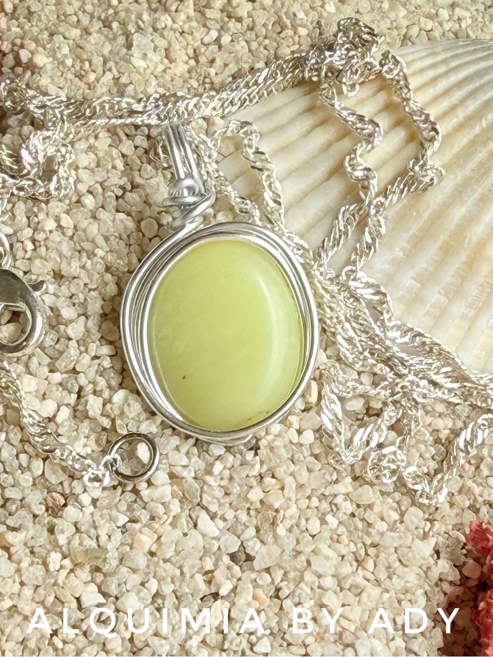 Pale Lime Oval jade Stone Silver Pendant Necklace